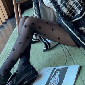 Black CC Chanel Patterned Monogram Pantyhose Stockings Tights